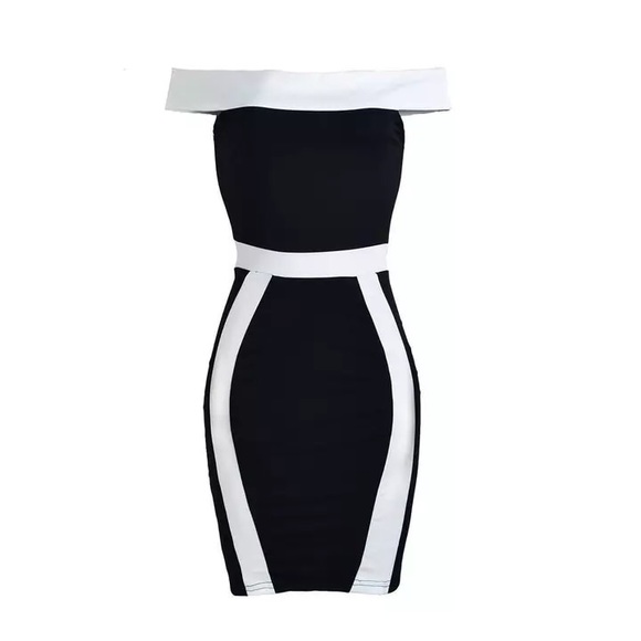 Black Bodycon White Slash Neck Off Shoulder Dress - Picture 2 of 8